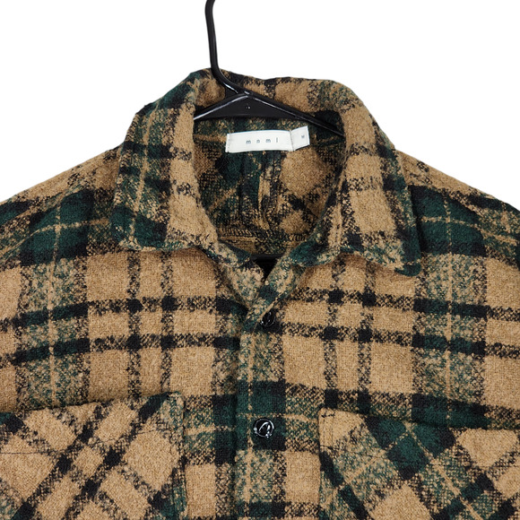 mnml Shacket Shirt Jacket M Men Plaid Loose Woven Flannel Brown Green Raw Hem - Picture 9 of 16